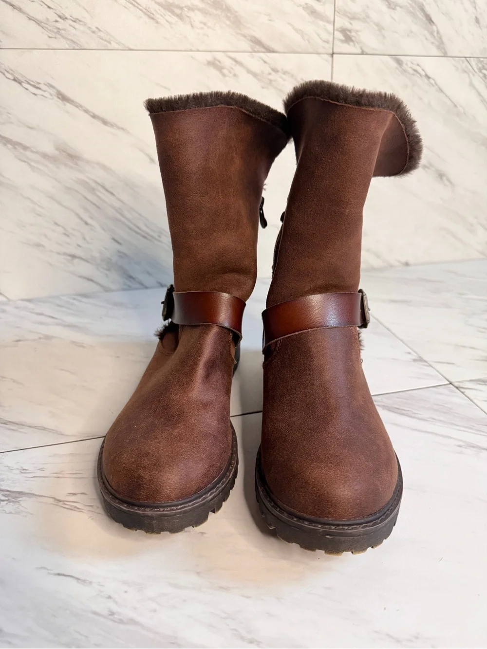 Blowfish Malibu Brown Mid Calf Faux Fur Buckle Boots Womens 7.5 Lug Sole